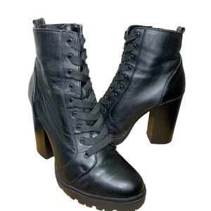 Steve Madden Black Leather Lace Up Boots Block Heel 9 Witches Goth Ankle Booties